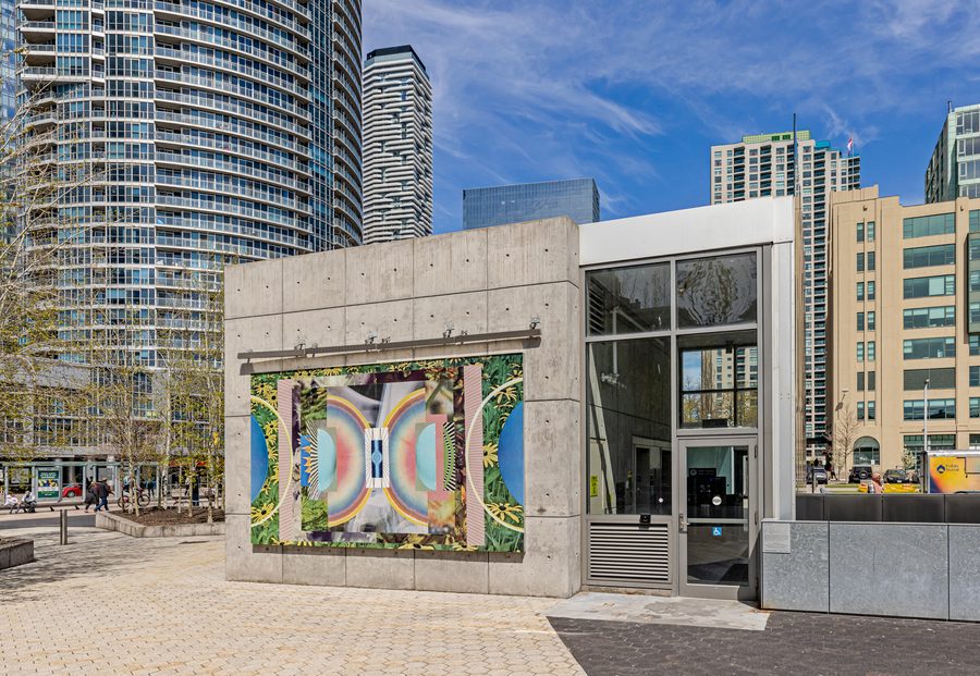 Maggie Groat, DOUBLE PENDULUM, 2023, installation view, wheat-pasted images at Harbourfront Centre parking pavilion, Toronto. Courtesy of the artist and Scotiabank CONTACT Photography Festival. Photo: Toni Hafkenscheid