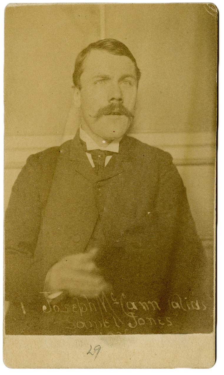 Unidentified photographer, [Arrest identification photograph of Joseph McCann alias Samuel Jones alias Sam Patterson], 1890 (albumen print mounted on card). Courtesy of the Ontario Provincial Police Museum