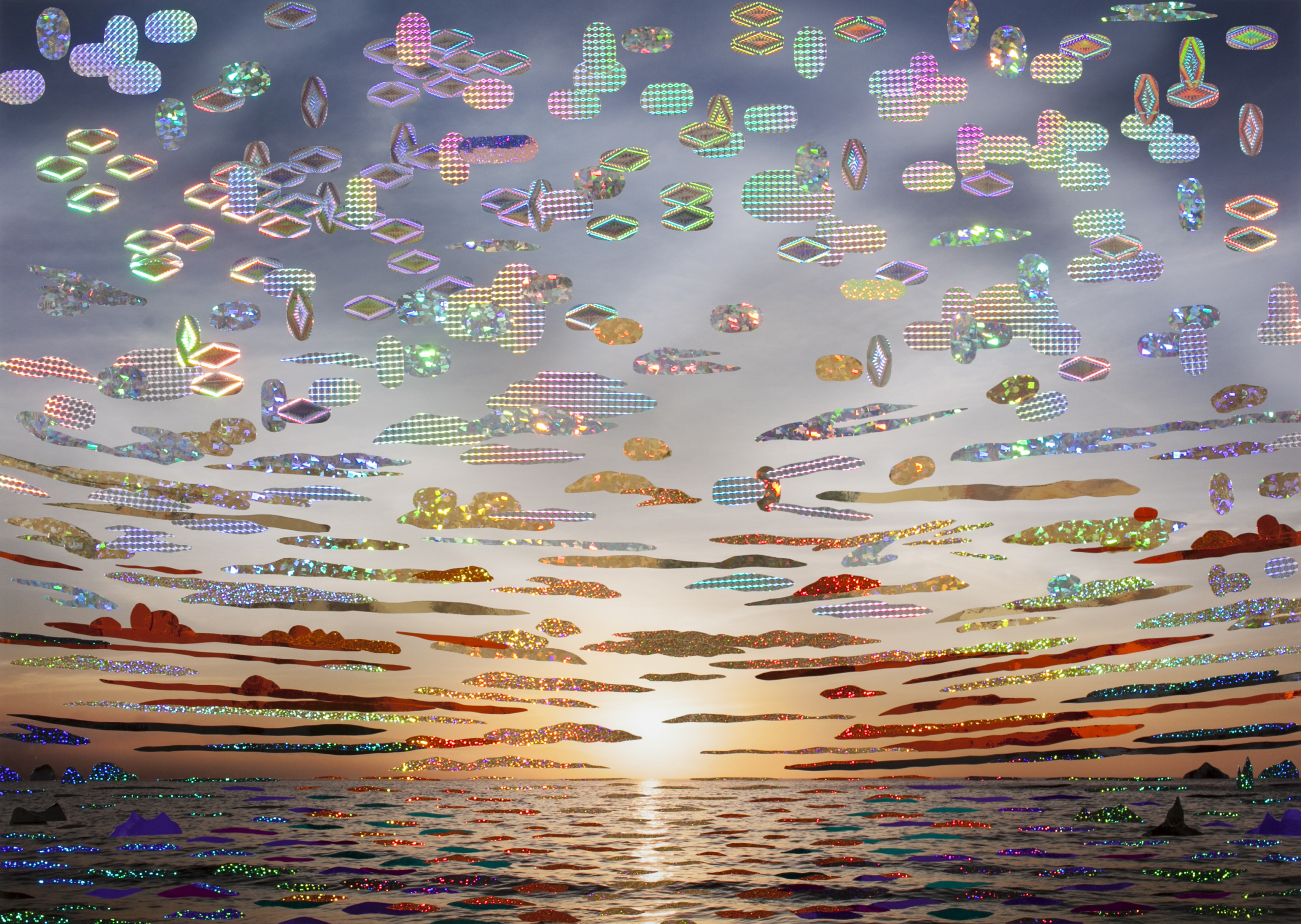     Sarah Anne Johnson, Sunset #2 (Bedazzled), 2018. Pigment print with paint, holographic tape, and adhesive, 34 x 49&#8243;.

