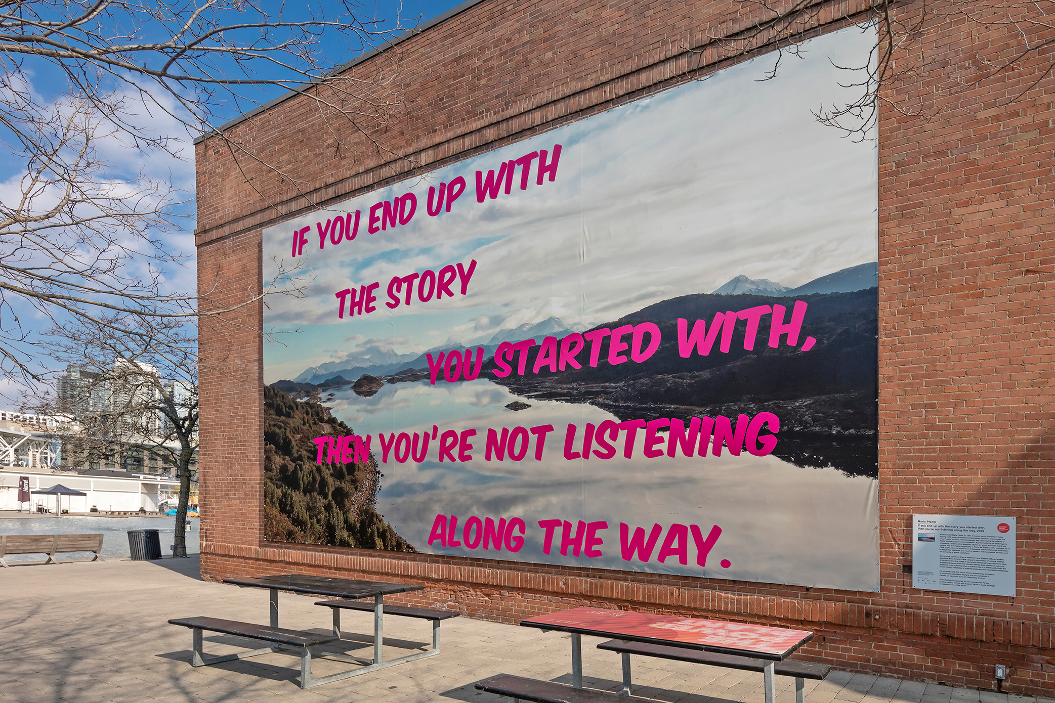     Mario Pfeifer, If you end up with the story you started with, then you’re not listening along the way, Installation at The Power Plant Contemporary Art Gallery, south façade, Toronto, 2019. Photo: Toni Hafkenscheid. Courtesy CONTACT, the artist and KOW, Berlin.

