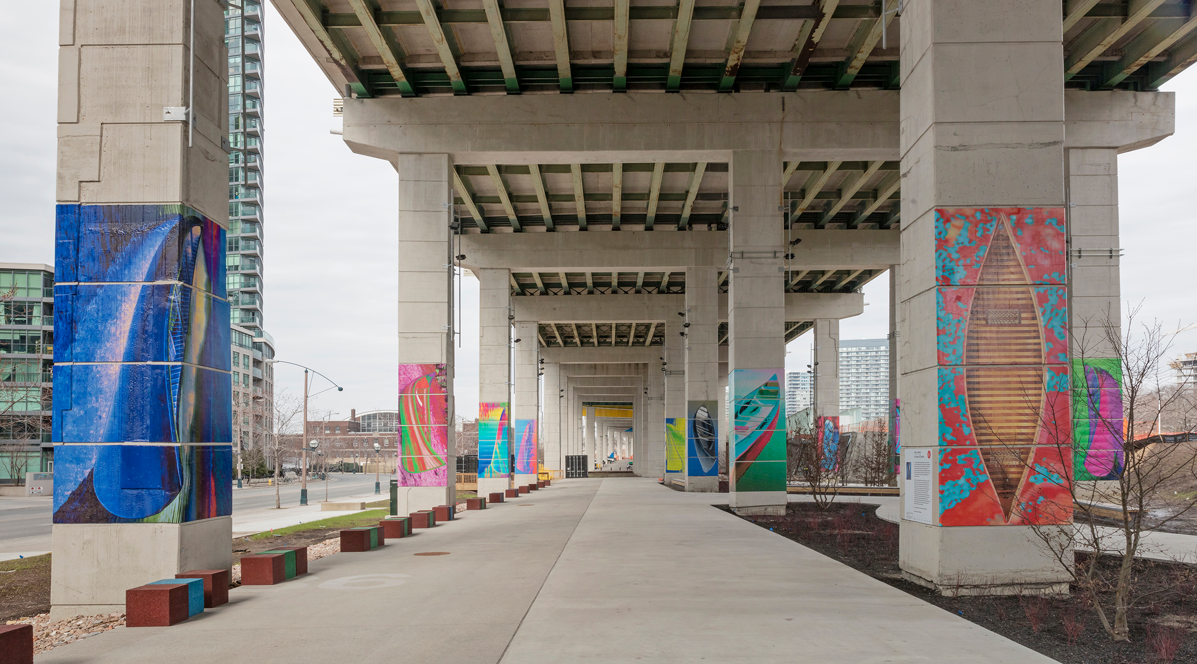     Dana Claxton, A Forest of Canoes, 2018. Installation at The Bentway. Photo by Toni Hafkenscheid. 

