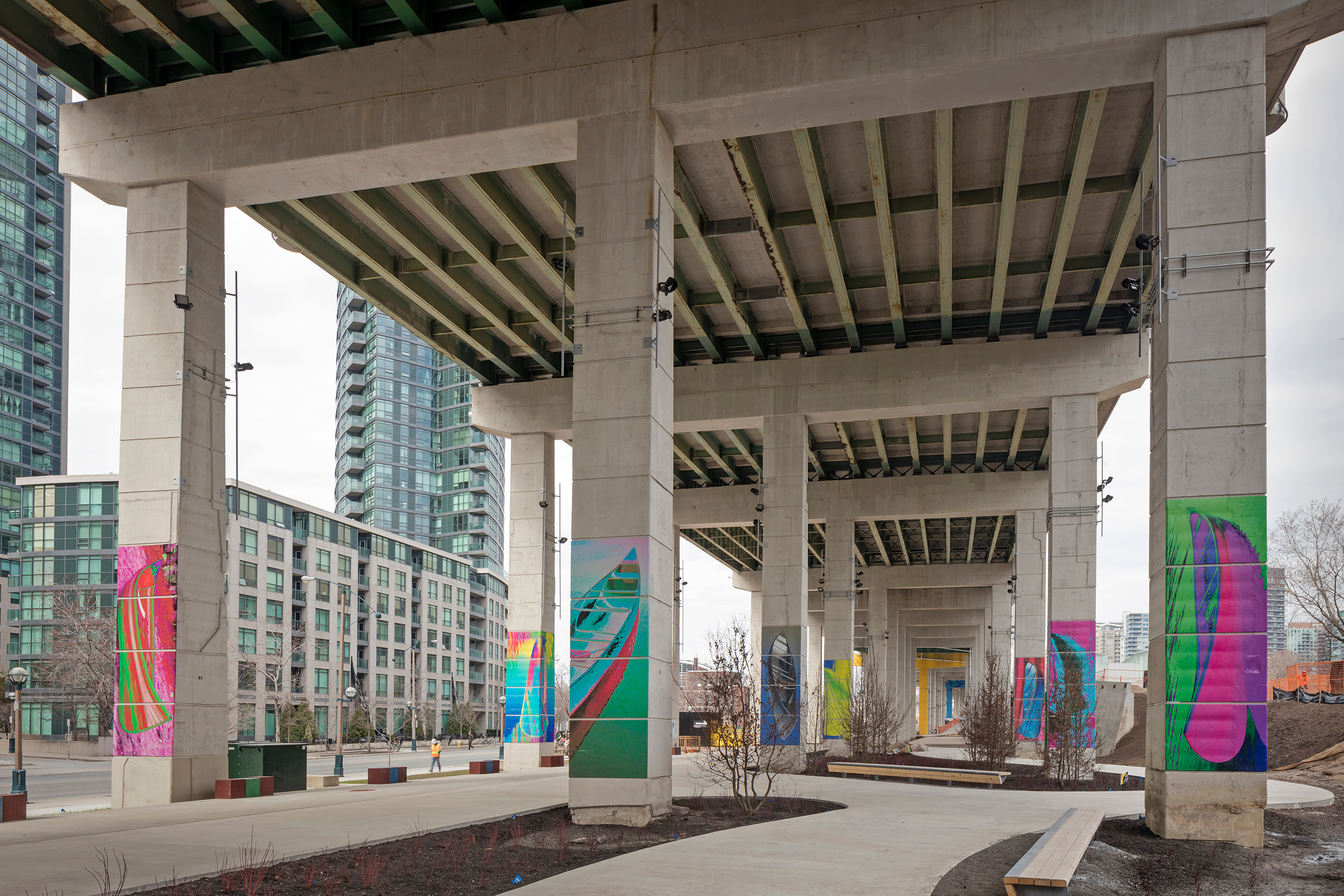     Dana Claxton, A Forest of Canoes, 2018. Installation at The Bentway. Photo by Toni Hafkenscheid. 

