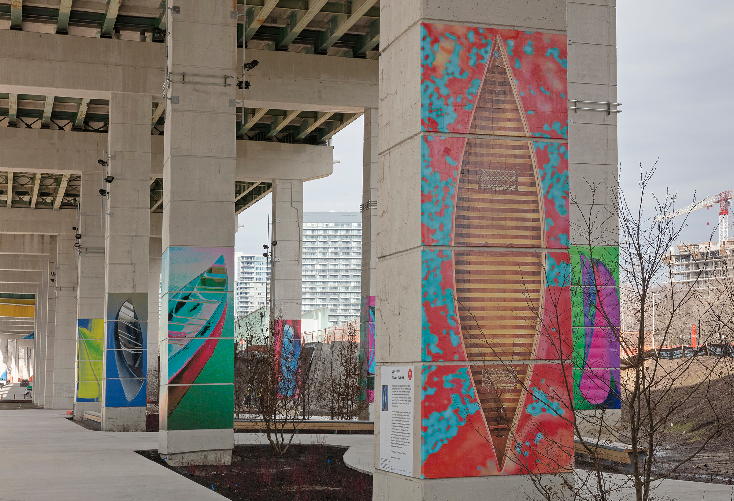     Dana Claxton, A Forest of Canoes, 2018. Installation at The Bentway. Photo by Toni Hafkenscheid. 

