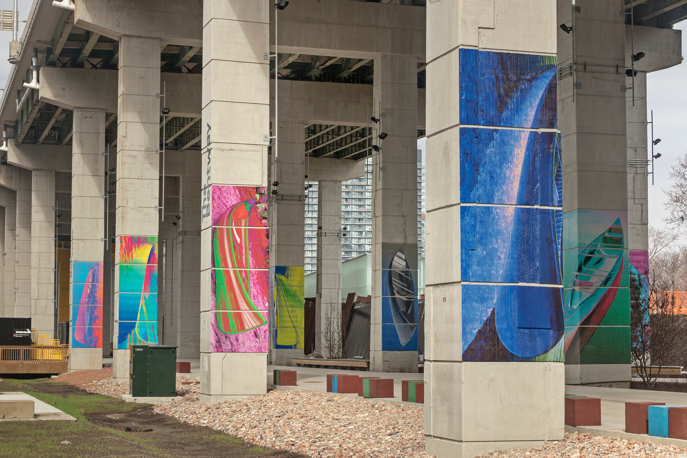     Dana Claxton, A Forest of Canoes, 2018. Installation at The Bentway. Photo by Toni Hafkenscheid. 

