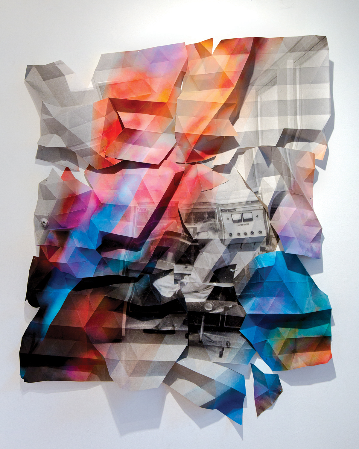     Jessica Thalmann, Computer Engineer at Work in Lab B10 (Henry F. Hall Building, Concordia University, 1966), 2015. Folded Archival pigment print, 56 x 44”.

