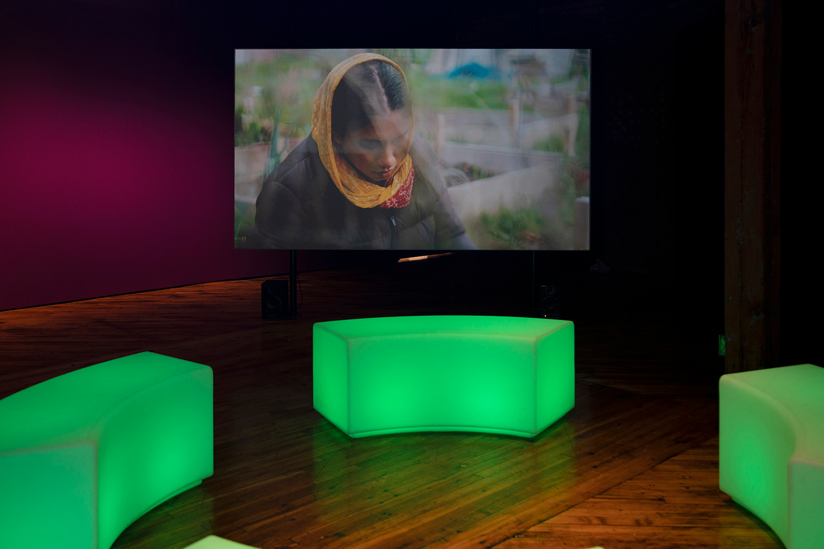     Rehana Zaman, Jupiter in Aries, Moon in Virgo, installation view, Trinity Square Video, 2021. Courtesy of the artist and Trinity Square Video. Photo: Yuula Benivolski

