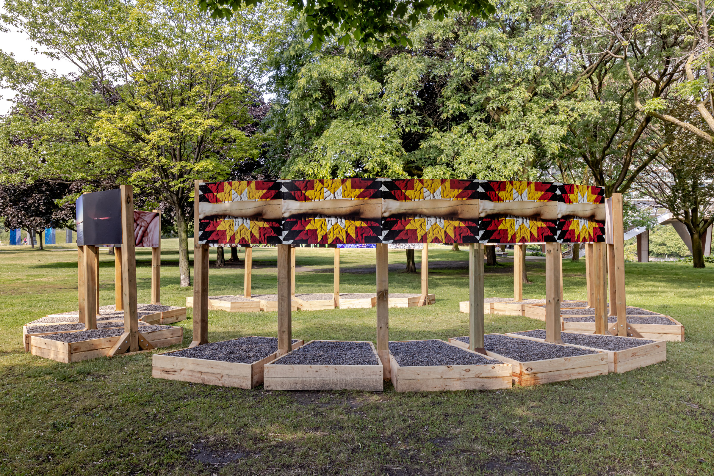     Group exhibition, Force Field, installation at Fort York National Historic Site, Garrison Common, Toronto, 2021. Courtesy of the artists and CONTACT. Photo: Toni Hafkenscheid

