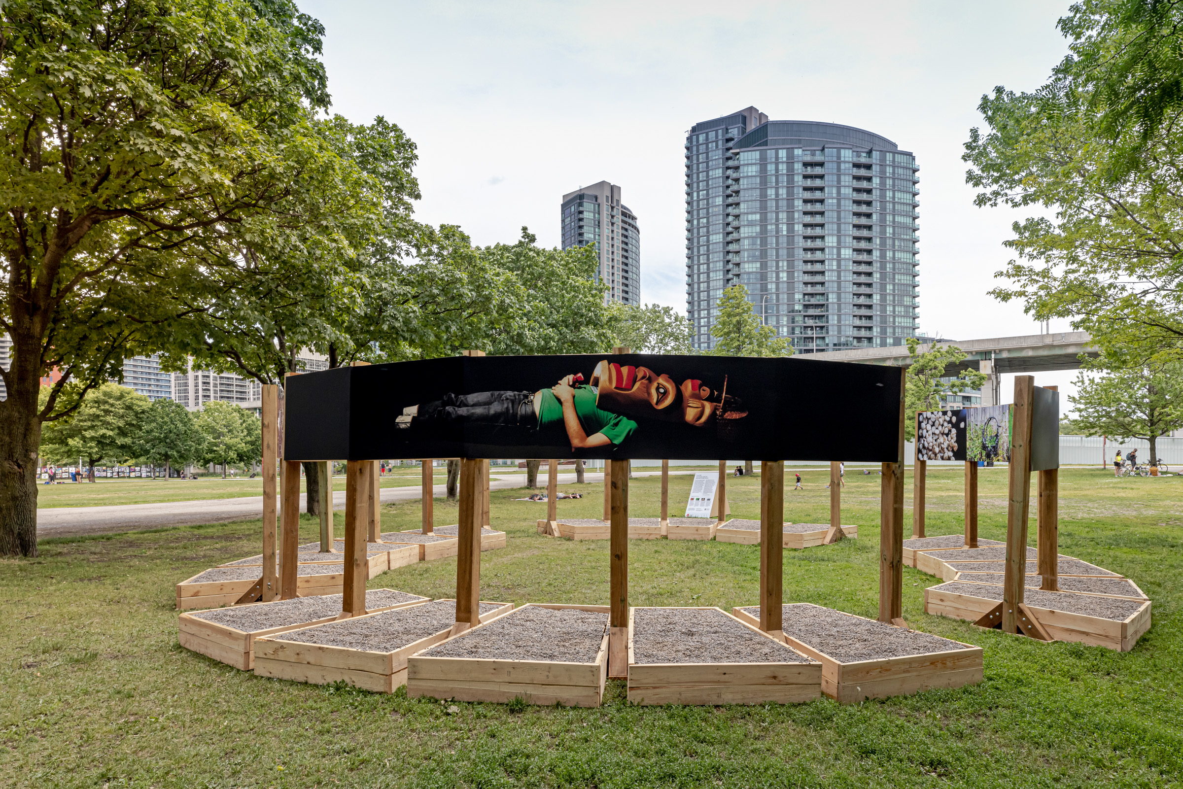     Group exhibition, Force Field, installation at Fort York National Historic Site, Garrison Common, Toronto, 2021. Courtesy of the artists and CONTACT. Photo: Toni Hafkenscheid

