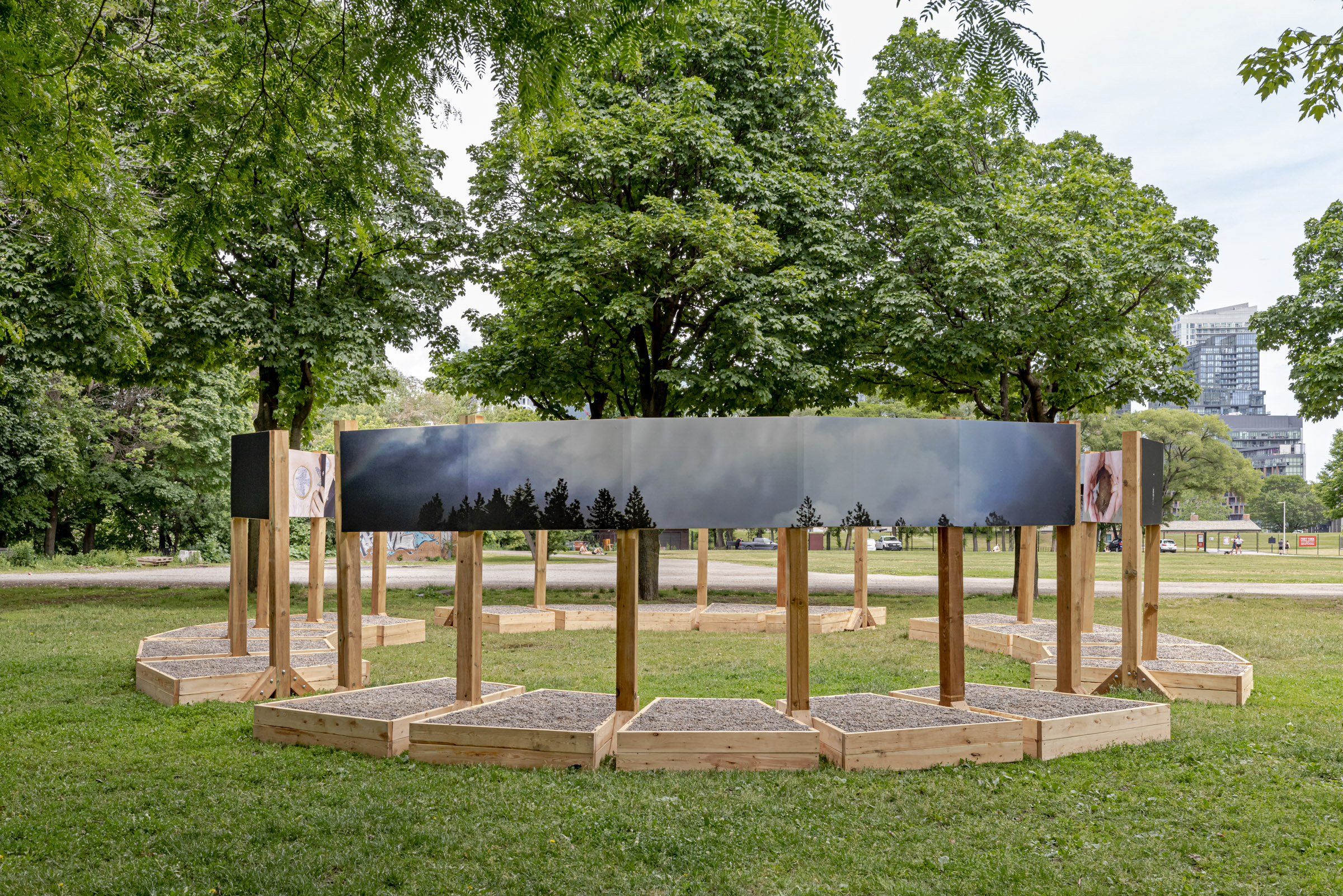     Group exhibition, Force Field, installation at Fort York National Historic Site, Garrison Common, Toronto, 2021. Courtesy of the artists and CONTACT. Photo: Toni Hafkenscheid

