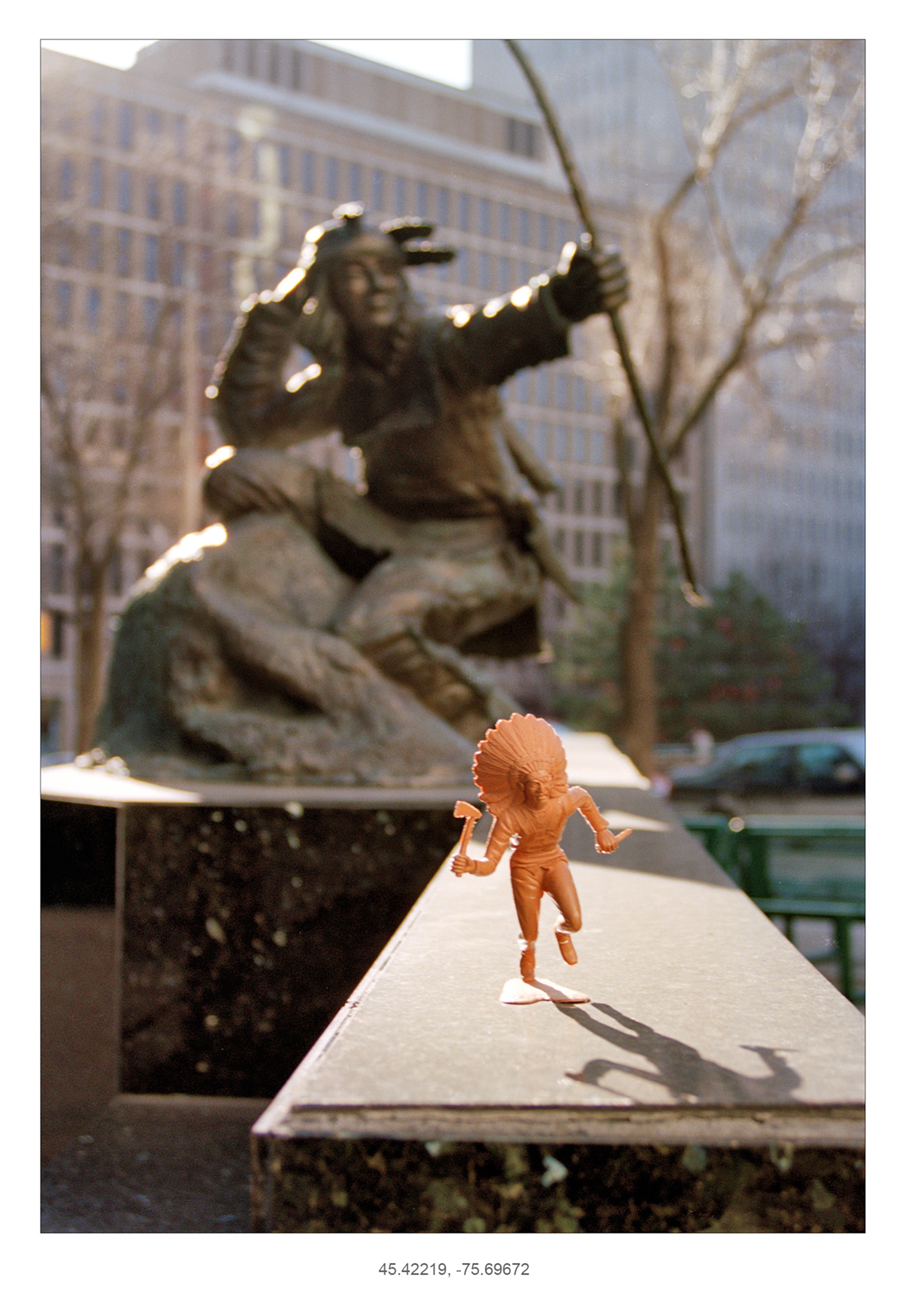 Jeff Thomas, Ottawa, Ontario, War Dancer, Indian Hunter Statue, Queen Street, November 26, 2000, Courtesy of the artist and Stephen Bulger Gallery. © Jeff Thomas
