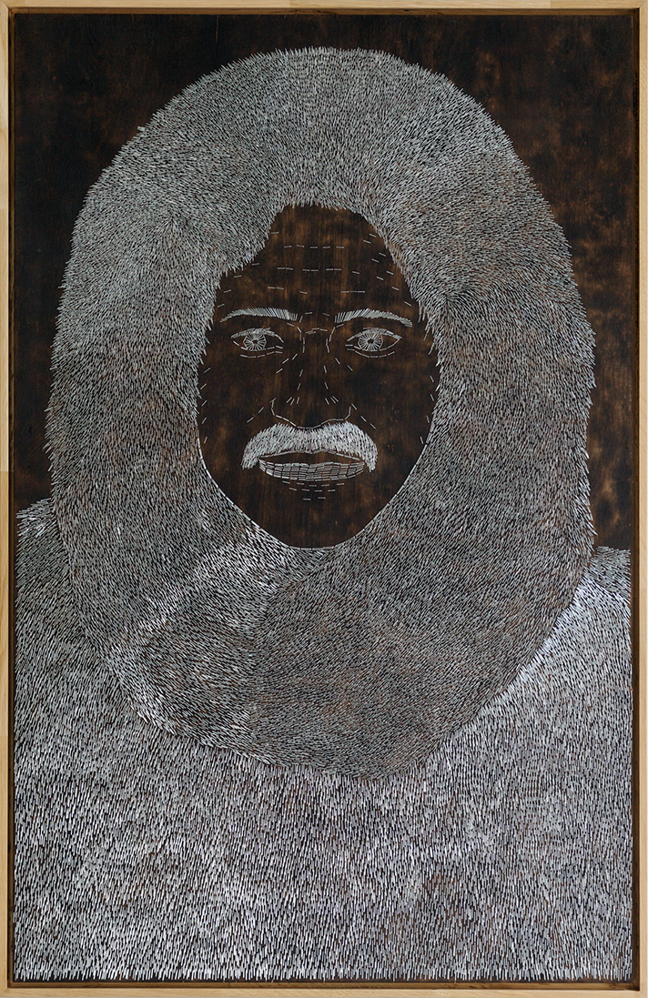 Sasha Huber, The Firsts: Matthew Henson (1866–1955), 2020. (Metal staples on fire-burned birch wood, 70 x 110 cm.) Courtesy of the artist and Caterina Fake