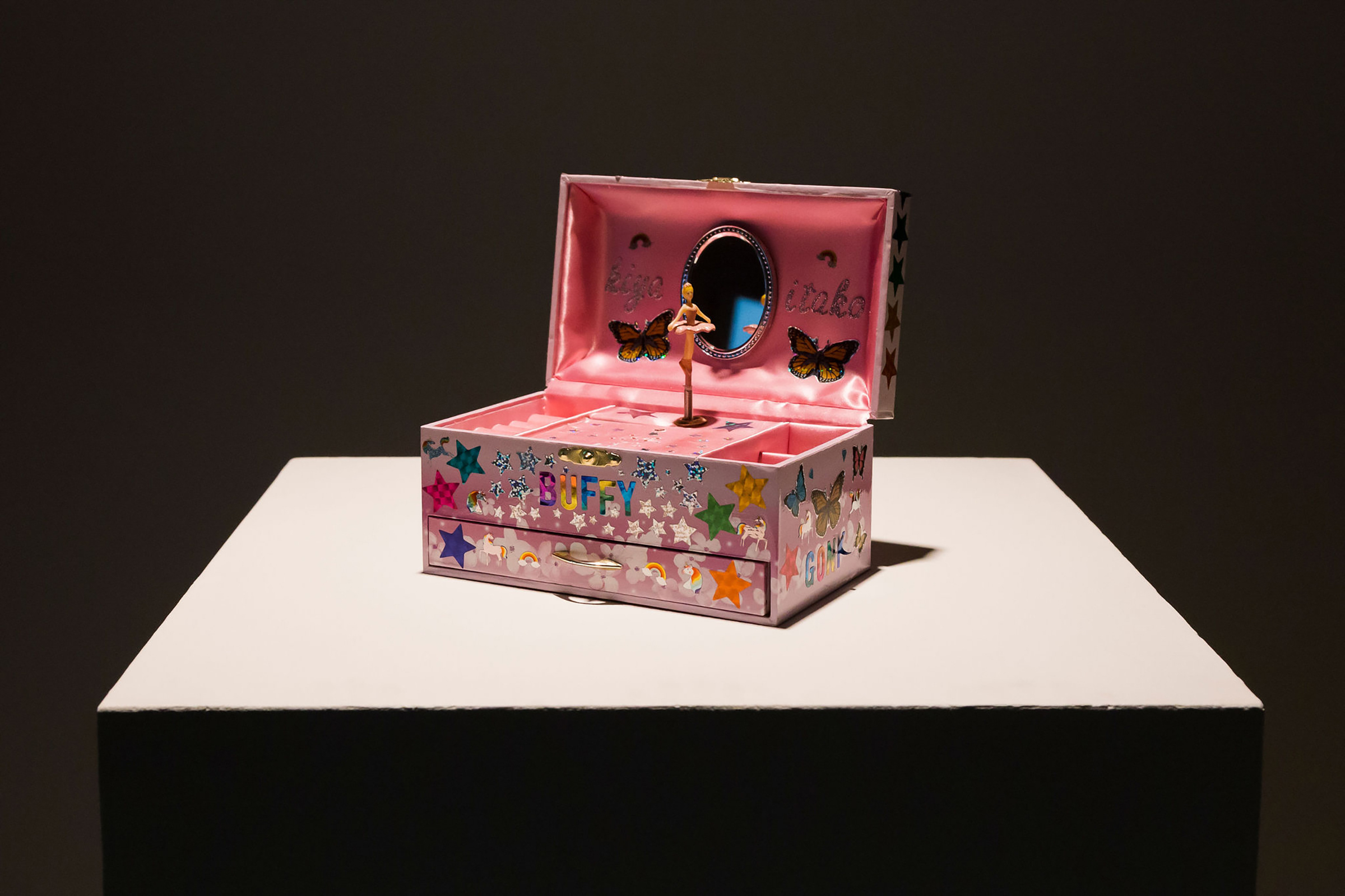 Joi T. Arcand, she used to want to be a ballerina (for Buffy Sainte-Marie), 2019 (music box, stickers). From the series she used to want to be a ballerina. Courtesy of the artist. Collection of Indigenous Art Centre, Crown-Indigenous Relations and Northern Affairs Canada / Government of Canada. Photo: Carrie Shaw Photography